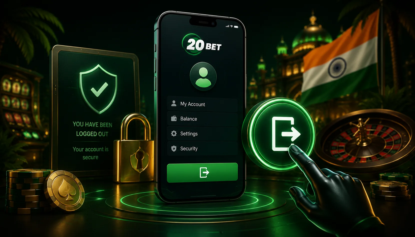 भारत में 20Bet अकाउंट पर लॉग आउट विकल्प दिखाता स्क्रीन