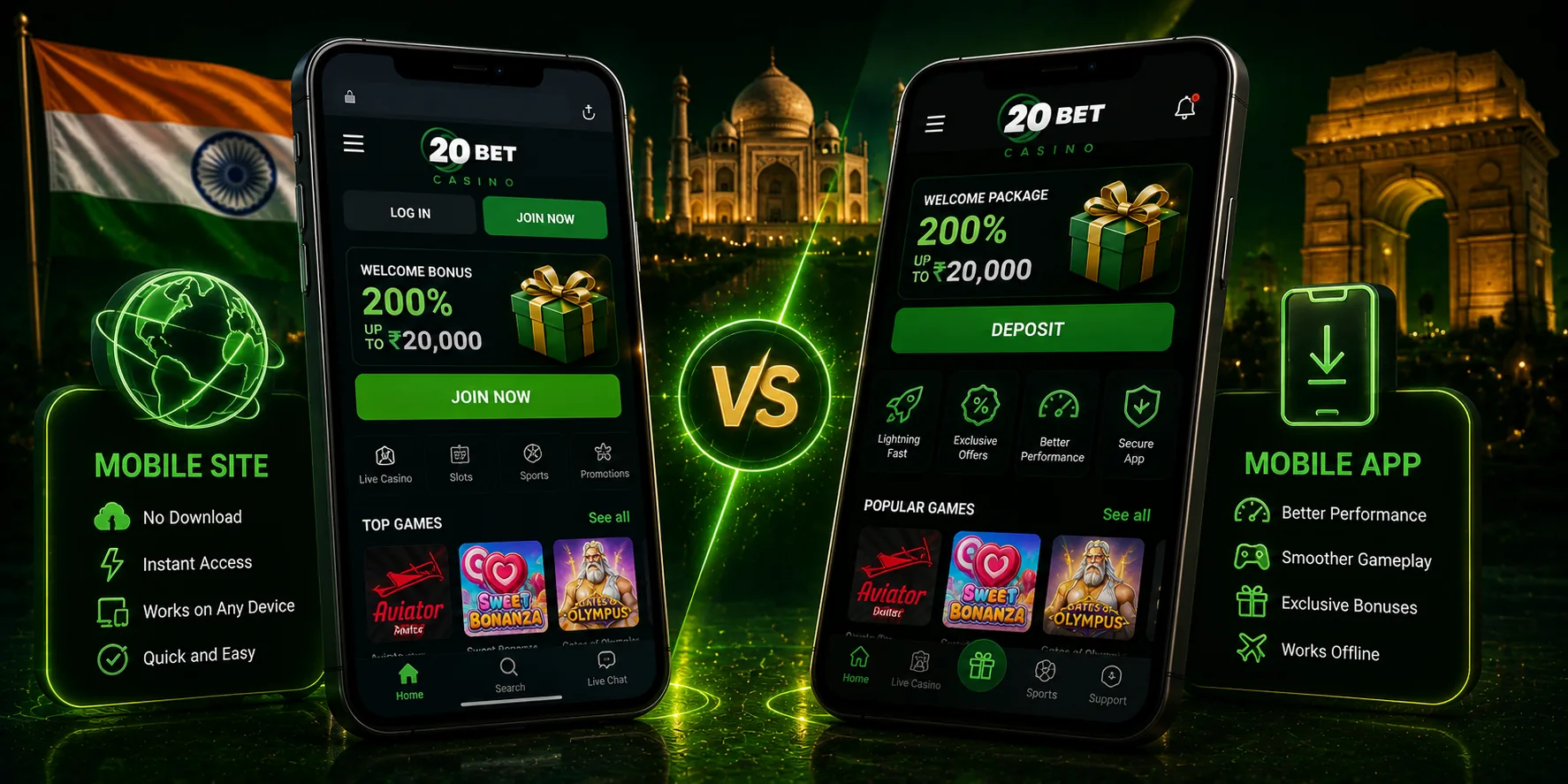 20Bet India mobile site vs app on smartphone