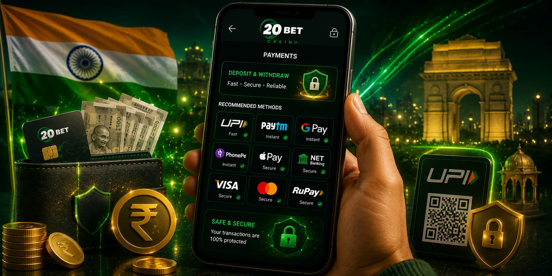 20Bet India mobile cashier showing payment options