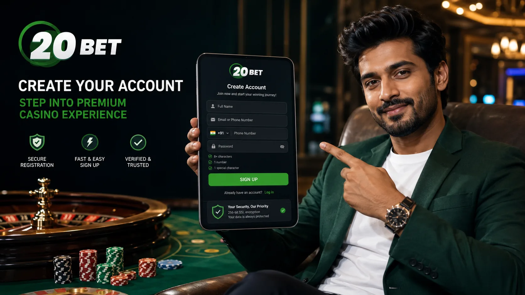 भारत में 20Bet अकाउंट रजिस्ट्रेशन स्क्रीन का उदाहरण